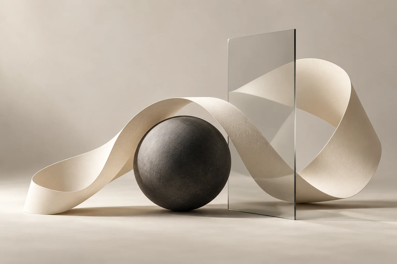 Sculptural paper ribbon, glass panel and charcoal sphere